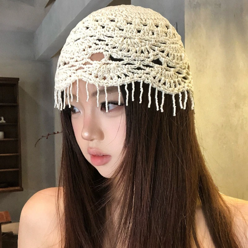 Korean Version of Bohemian Style Hollow Fringed Pullover Hat Spring and Summer Travel Literary Knitted Beanie Caps for Women's