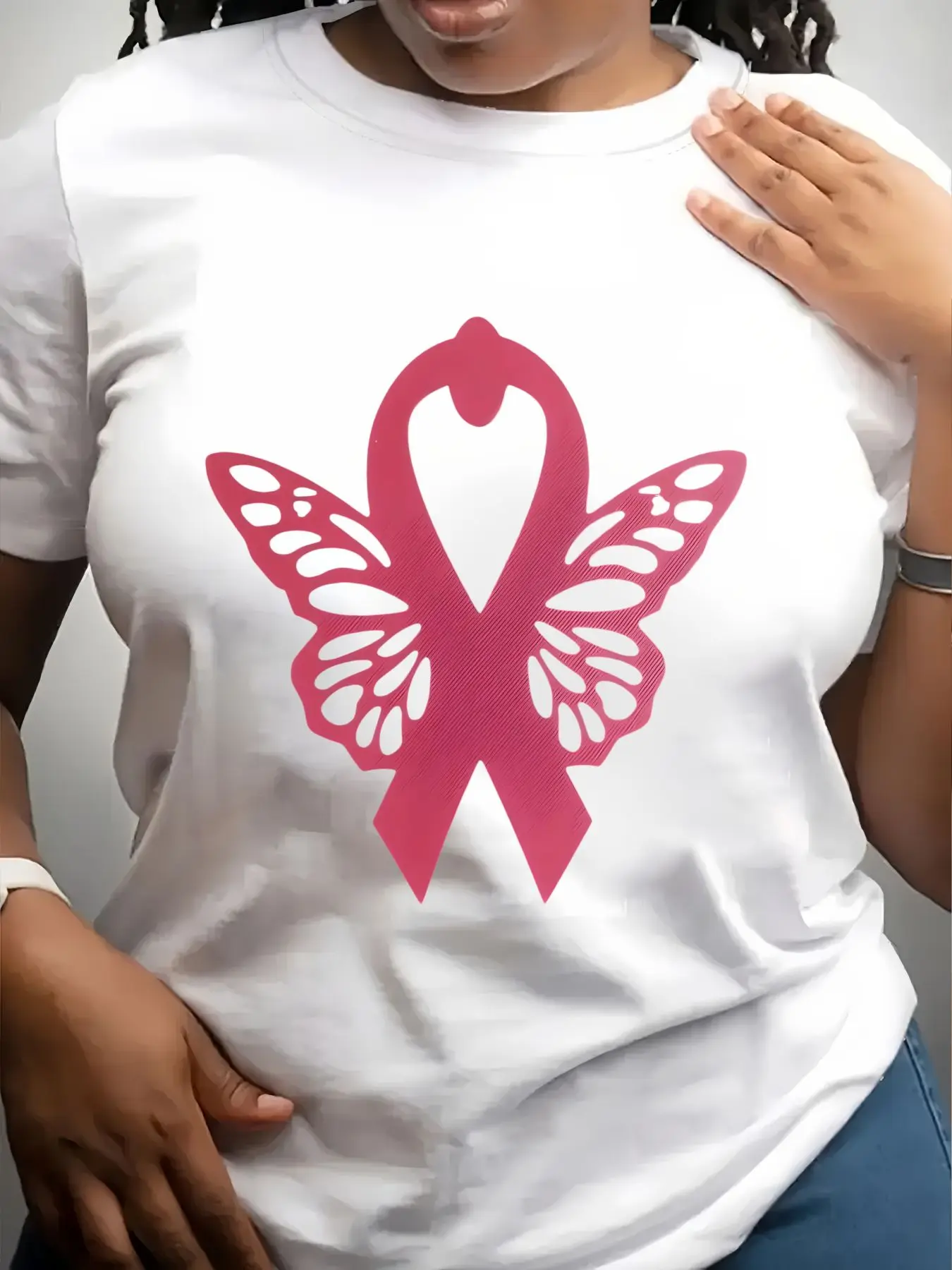 Women's Trendy Crew Neck T-Shirt Pink Ribbon Butterfly Wing Design Suitable for Casual Sportswear