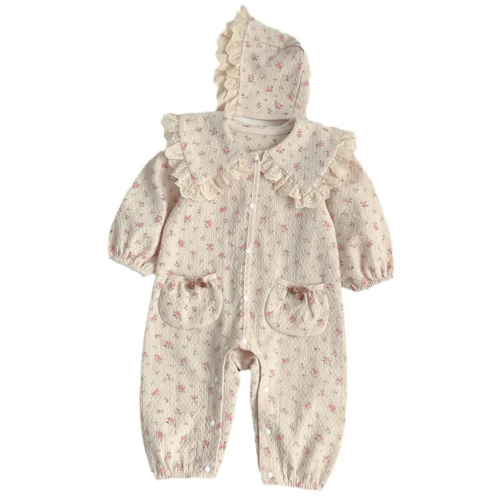 Baby Clothing Floral Romper 2024 Spring New Fashionable Baby Onesie Korean Style Lace Lapel Floral Hooded Long Romper