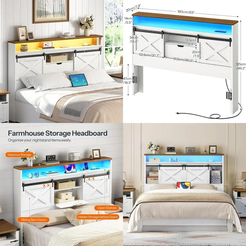 Queen Size Farmhouse Style Headboard with Storage, Charging Station, LED Lights, and Bookcase Feature