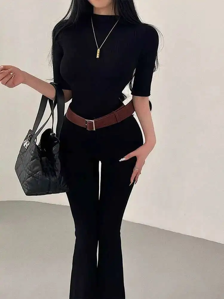 Pure Desire Стиль Футболка с коротким рукавом Высокая талия Micro Pull Повседневные напольные брюки Комплект с поясом Брюки Комплект Модные женские Y1Q9