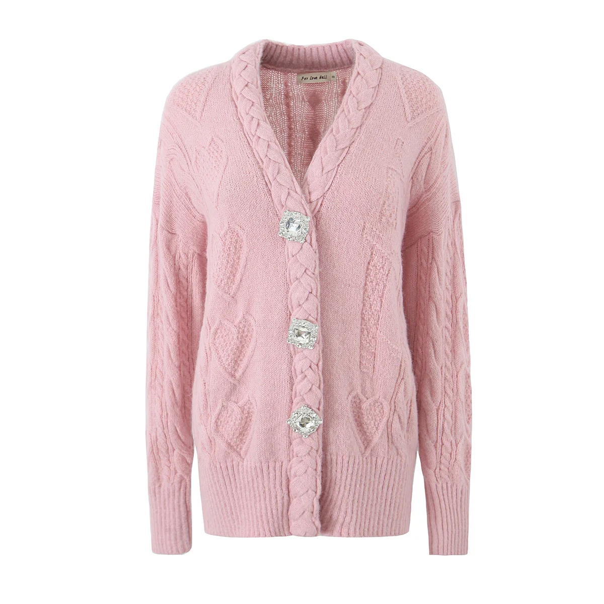 2023 Autumn Diamond Single-breasted Buttons V neck Knitted Long Cardigan Woman Full Sleeve Sweater Knitwear Jumper White Pink