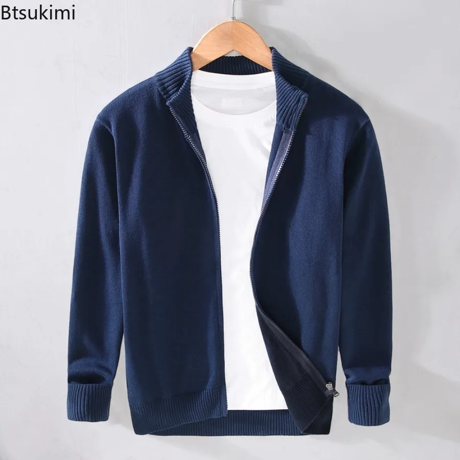 2025 Spring Autumn Men's Pure Cotton Cardigan Fashionable Solid Color Zipper-up Sweater Casual Business Slimming Knitted Tops