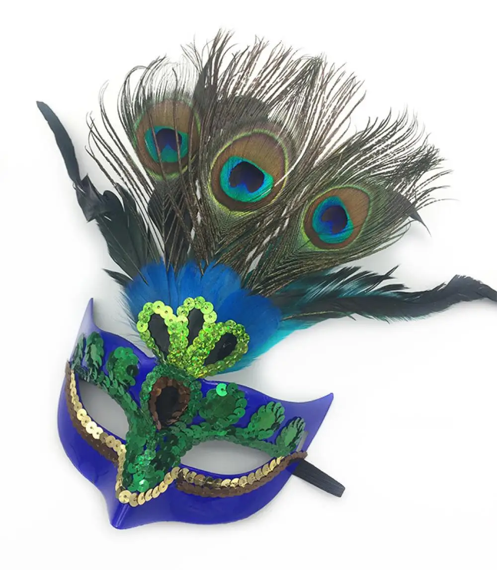 Womens Masquerade Peacock Feather 베네 치안 마스크 반짝이 장식 조각 하프 페이스 커버 마디 그라 파티 멋진 코스프레 의상