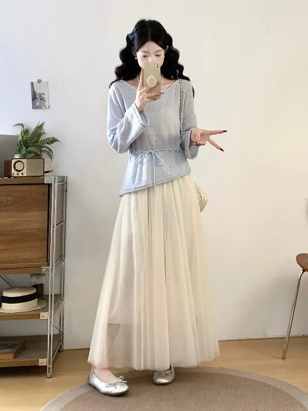 

Весенний повседневный вязаный комплект для женщин с длинным рукавом и юбкой, большие размеры, модный, стройнящий, из двух предметов, Soft Breeze