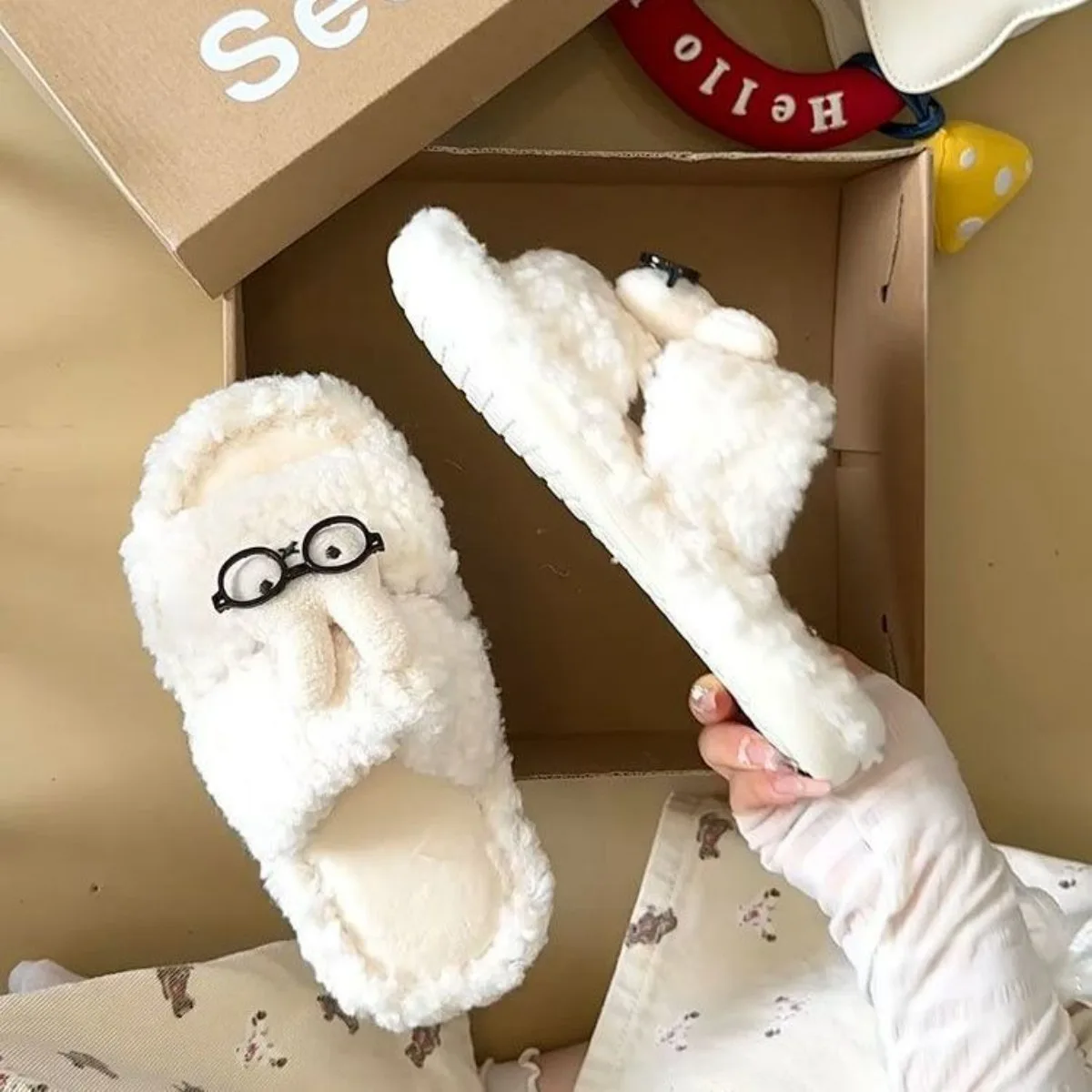 Cartoon Miffy Rabbit with Glasses Plush Women Slippers Autumn and Winter Dew Toe Thick Bottom Anti Slip Indoor Outdoor Home Shoe view 4