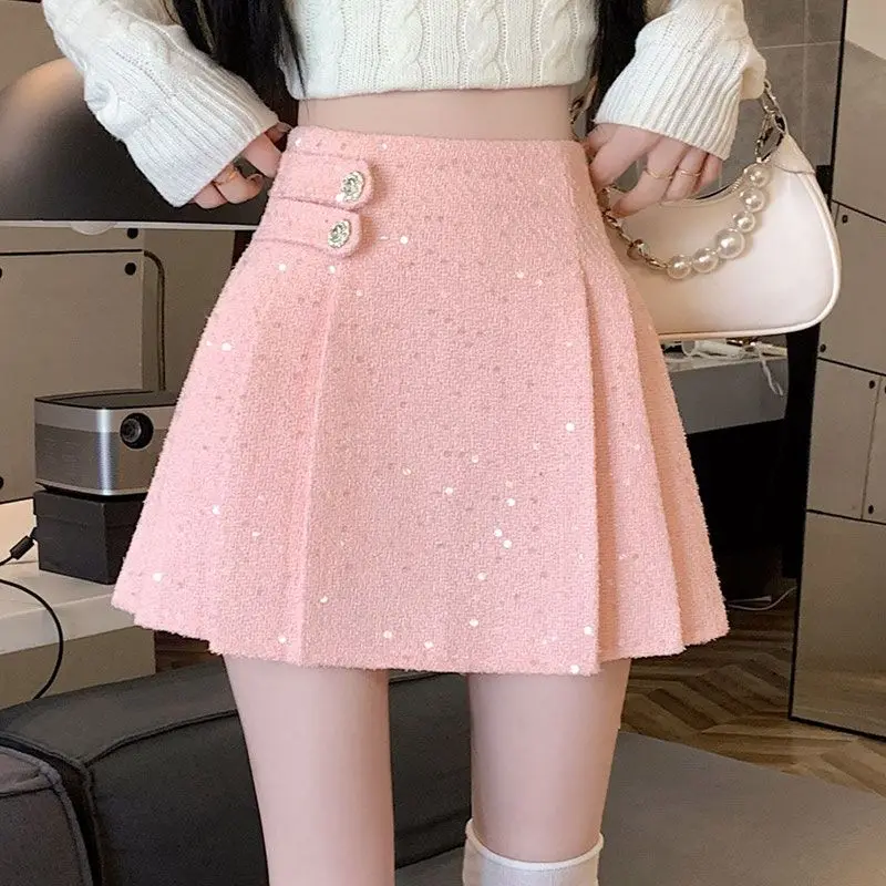 Women's 2026 Autumn Winter Heavy Sequin Tweed Pleated A-Line Mini Skirt High Waist Pink Elegant Korean Vintage Coquette Sweet