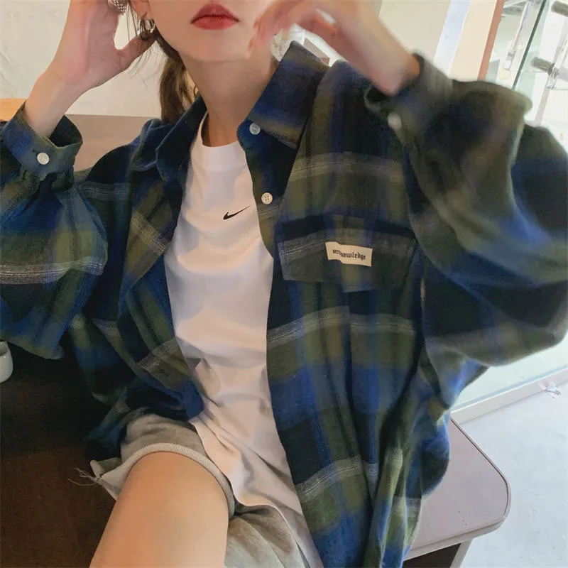 Zoki Vintage Harajuku Women Plaid Shirts Oversize Korean Students Lazy Wind Blouse Female Casual Long Sleeve Y2K Tops