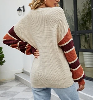 Mode lässig gestrickte Pullover Laterne Ärmel gestreiften Knopf V-Ausschnitt Pullover Damen lose Pullover Pullover Streetwear