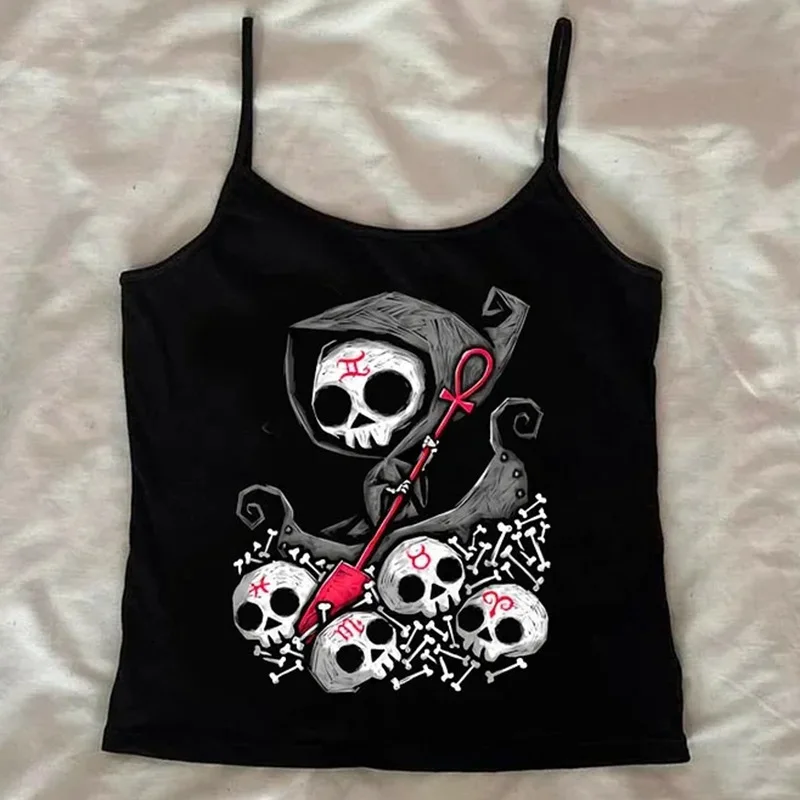 Grunge Gothic Women Spaghetti Strap Tank Top Skull Reaper Graphic Print Y2K Aesthetic Slim Summer Cami Vest