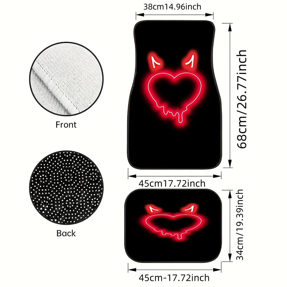 4pcs Demon Heart Pattern Floor Mats, Protection And Front Rear Foot Pads For Vehicle Interior Accessories With Red Neon Devil Ho