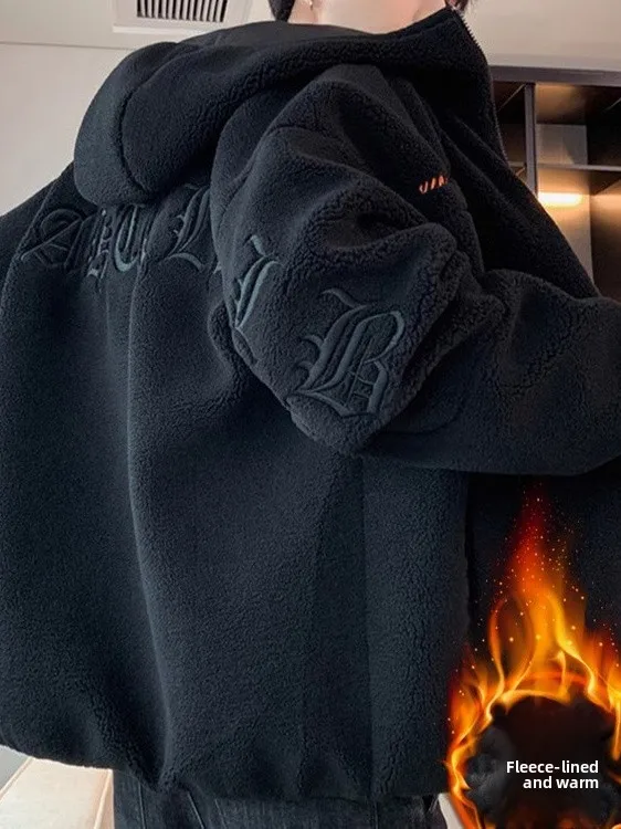 

Autumn Winter New Arrival Men's Hooded Lamb Velvet Jaet Thiened Fce Warm Cotton Coat Casual Sle Youth Faion