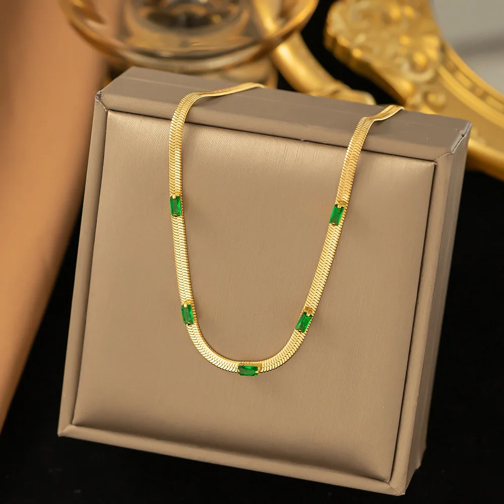316L Stainless Steel New Fashion Upscale Jewelry Embedded 5 Zircon Charms Flat Snake Chain Choker Necklaces Bracelets For Women