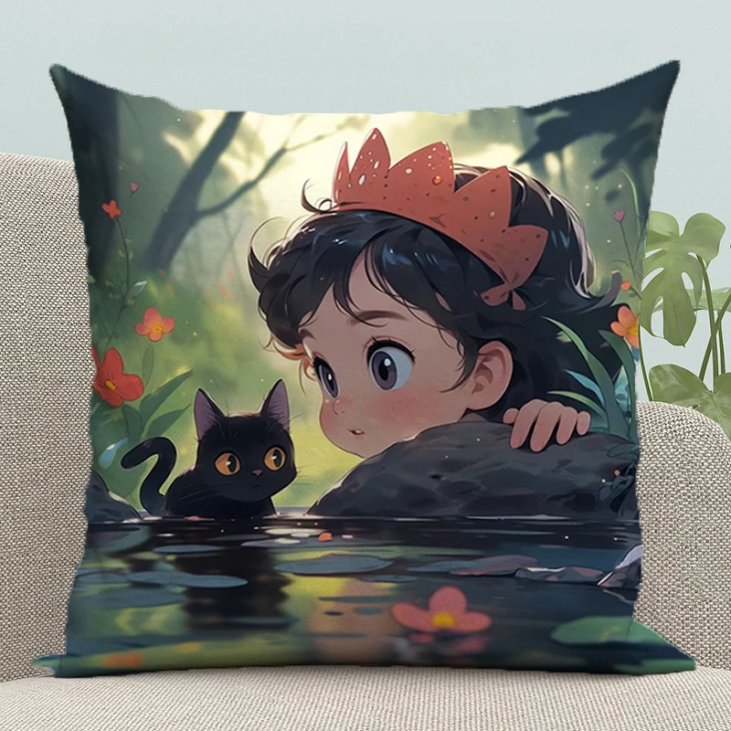 Fairy Princess and Little Black Cat Cushion Cover Pillow Covers Decorative Pillowcases for Pillows 45x45 Cushions Pillowcase