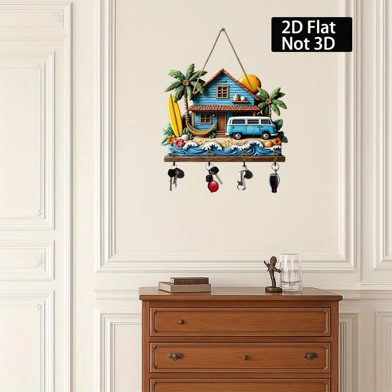 2D Flat Hawaiian-style Seaside Wooden Multi-functional Home Key Holder 12in Four Metal Hooks Key Hangers Wall Porch Room Decora