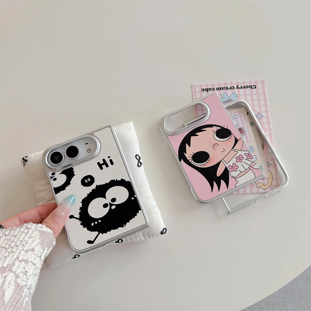 New Korea Ins Cartoon Coal balls Girl Phone Case For iPhone Duo Foldable Protective Cover Cute Cases Shockproof Silver Funda