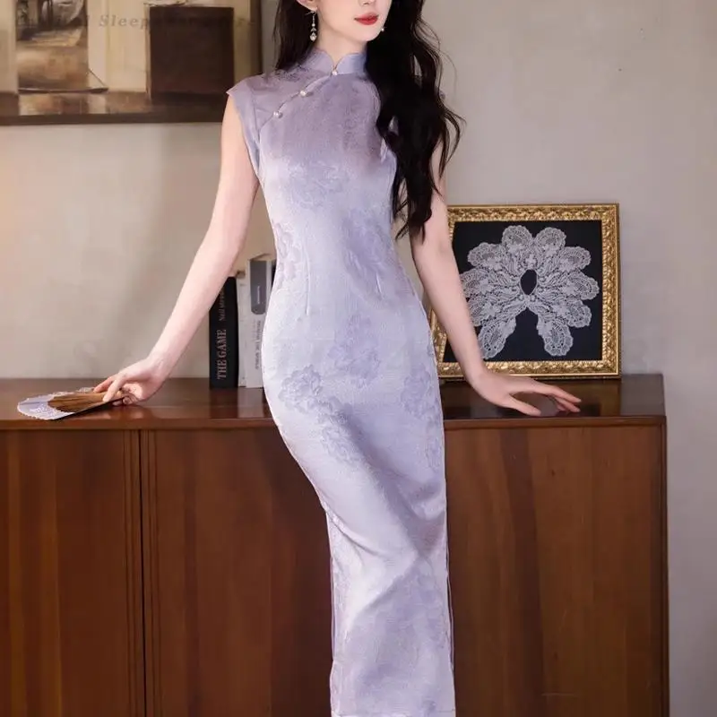 

Improved New Chinese Style Dress Women Satin Jacquard Cheongsam Elegant Vestidos Summer New Sleeveless Long Qipao Evening Gown