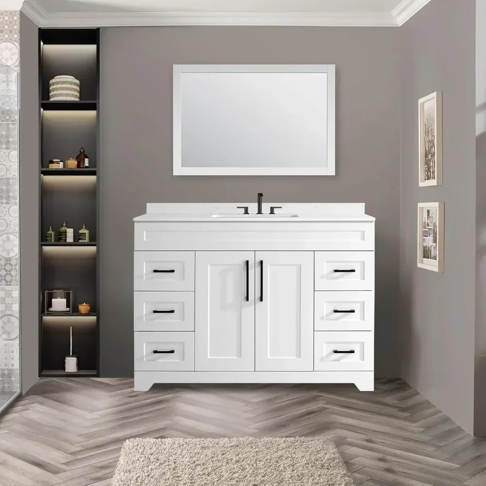 Luxurious Bathroom Vanity with White Stone Countertop and rectangle Sink and Back Splash,2 Soft Closing Doors