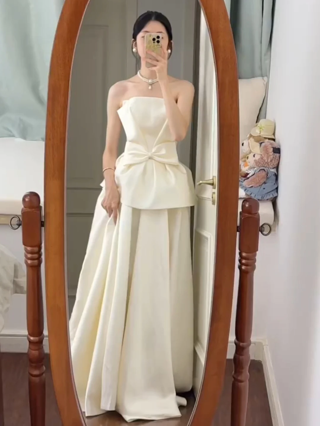 

White Satin Evening Dr Engagement Simple Bridal Gown Long Svel Muffin Top Wedding Dr Korean Sle mid Waist