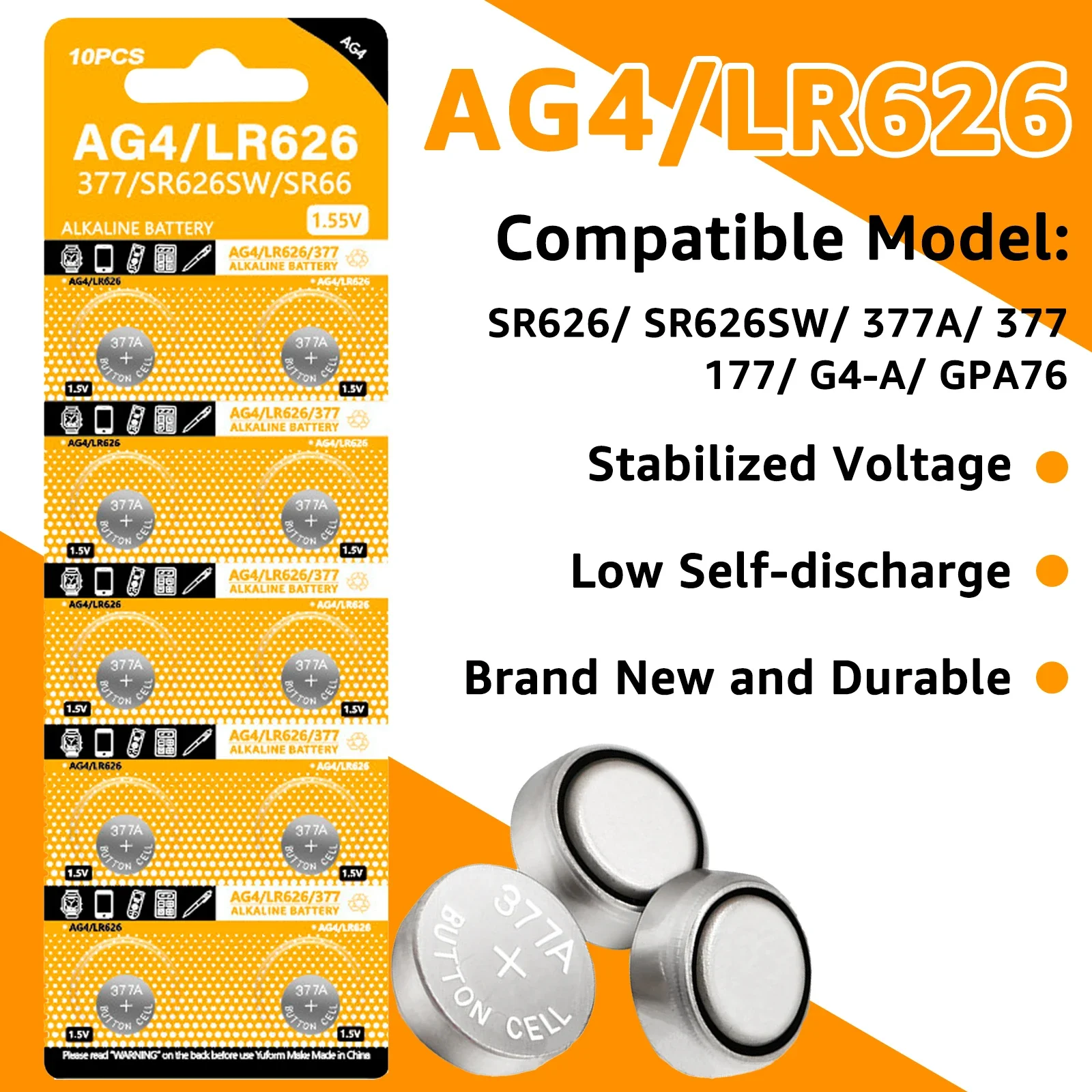 

1.55V AG4 LR62 Stabilized Voltage Button Battery Compatible for SR626SW 377A 377 177 GPA76 Watch Calculators Coin Cell