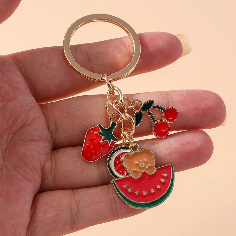 Cartoon Bear Keychain Enamel Fruit Watermelon Strawberry Keyrings for Women Men Car Key Handbag Pendant Key Chains DIY Gifts