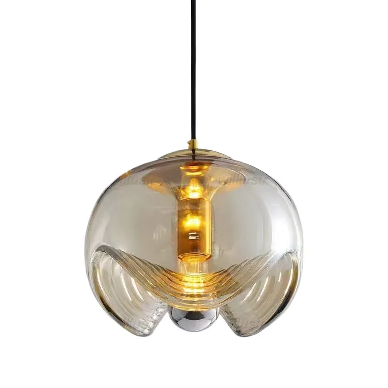 

Amber Clear Smoke Pendant Lamp Reeded Glass Suspension Light Hotel Hallway Cafe Bedside Creative Iron Hanging Ceiling Chandelier