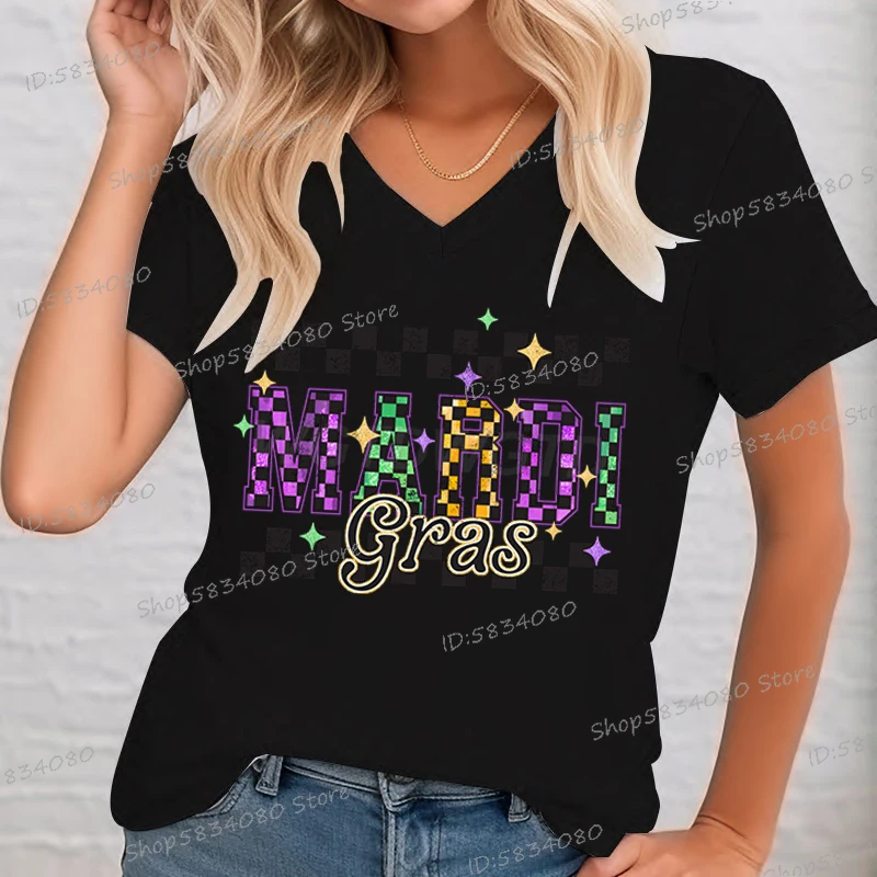 Retro Checkered Mardi Gras Women's T-shirt Fashion V Neck Short Sleeve Tees Mardi Gras Gift Shirt New Orleans Mardi-Gras Tshirt