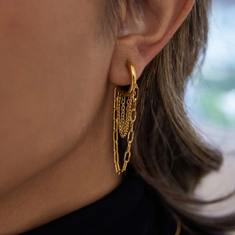 أقراط شرابة على شكل سلسلة مطلية بالذهب عيار 18 قيراط - مجوهرات من الفولاذ المقاوم للصدأ مضادة للحساسية للنساء، ملابس مقاومة للماء للحفلات والسهرة