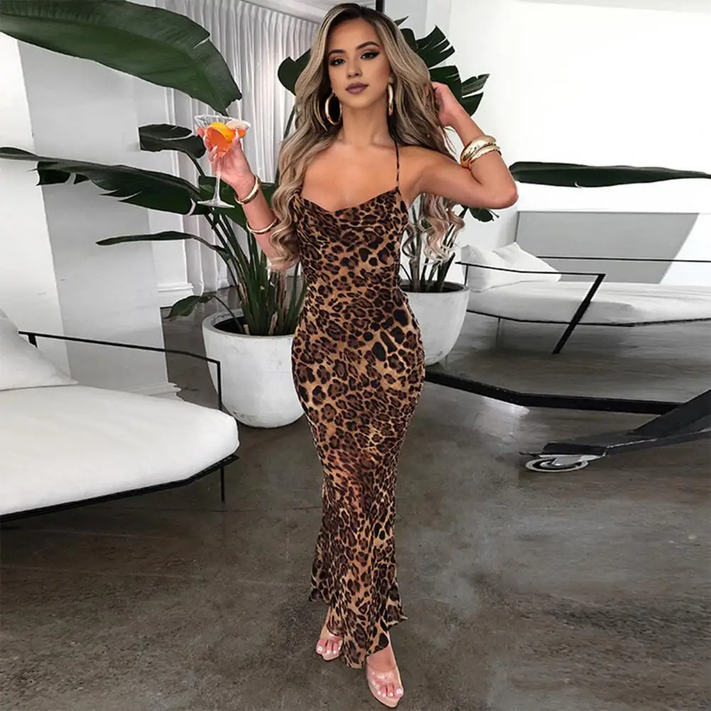 

Women Leopard Print V-Neck Sexy Bodycon Long Dress Off Shoulder Slim Fit Low-cut Party Maxi Strappy Dress Long Sundress vestido