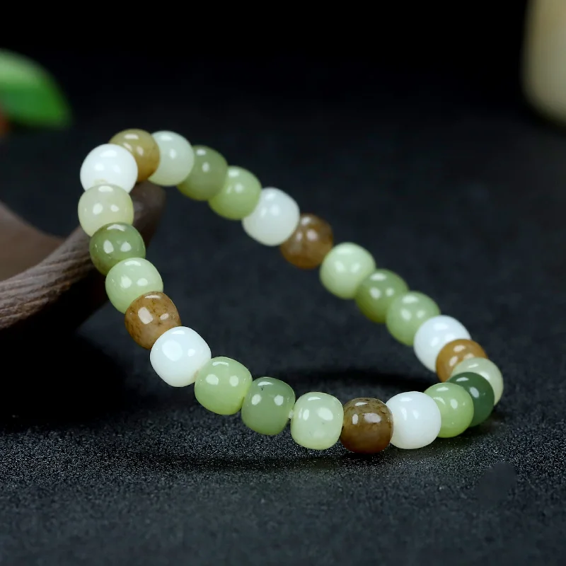 

Natural Hotan Jade Colorful Old Type Beads Bracelet Handring Classical Elegance Hand-String Fine Jewellry