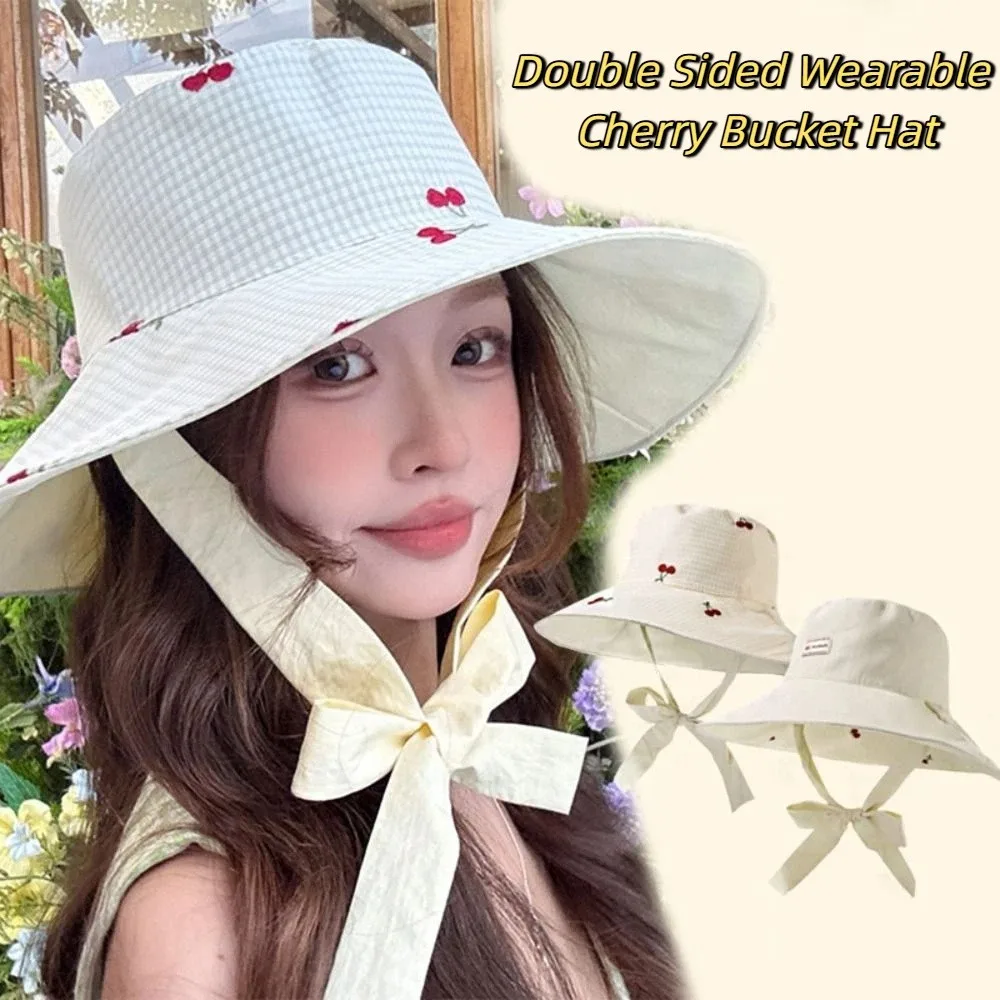 

Ribbon Women Fisherman Hat Lace Wide Brim Sunshade Hat Breathable Double Sided Wearable Embroidered Cherry Bucket Hat Girl