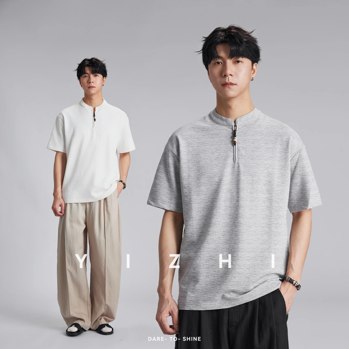 

Men's Small V-Neck Beaded Zipper T-Shirt 2026 Summer Texture New Chinese Stand Collar Loose Versatile Short Sleeve Top