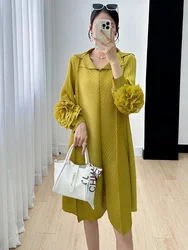 Miyake Pleated Maix Dress Women's Fall 2024 Long Sleeve V-Neck Fashion 3D Decal Temperament Mid Length Dress