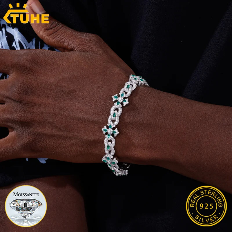 

TUHE Высокое качество Iced Out цветок браслет VVS1 Муассанит S925 цепь проход тест для мужчин женщин хип-поп ювелирные изделия подарок