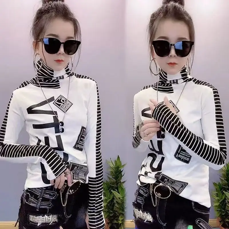 Fashion Printed Spliced Letter Striped Casual Tee Shirt Female Clothing 2023 Autumn Winter All-match Pullovers Korean T-Shirts