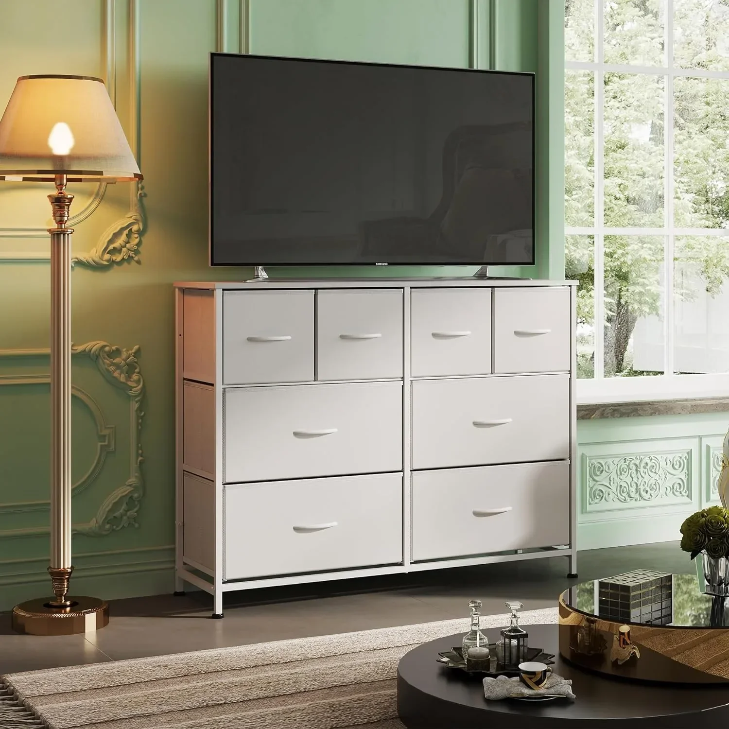 Dresser w/ 8 Drawers, Wide Fabric Dresser for Storage & Organization, Bedroom Dresser, Chest of Drawers，White