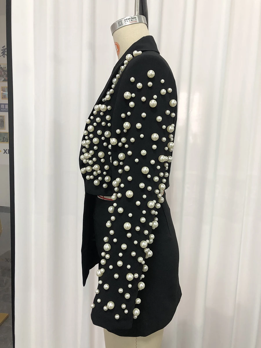 TWOTWINSTYLE Spliced Pearls Two Piece Set for Women Lapel Long Sleeve Irregular Top High Waist Mini Skirt Office Suit Female New - Image 4