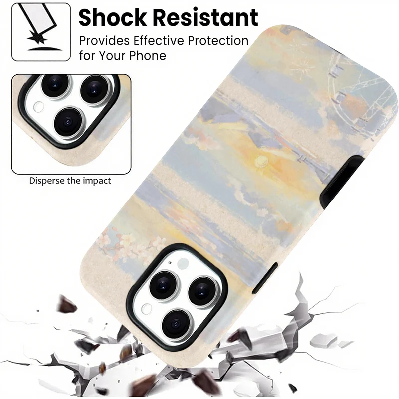 Sunset Landscape Scenic Triptych Pastel Illustration Watercolor Texture Dual-Layer Hybrid Phone Case for iPhone 12-17 Series view 3