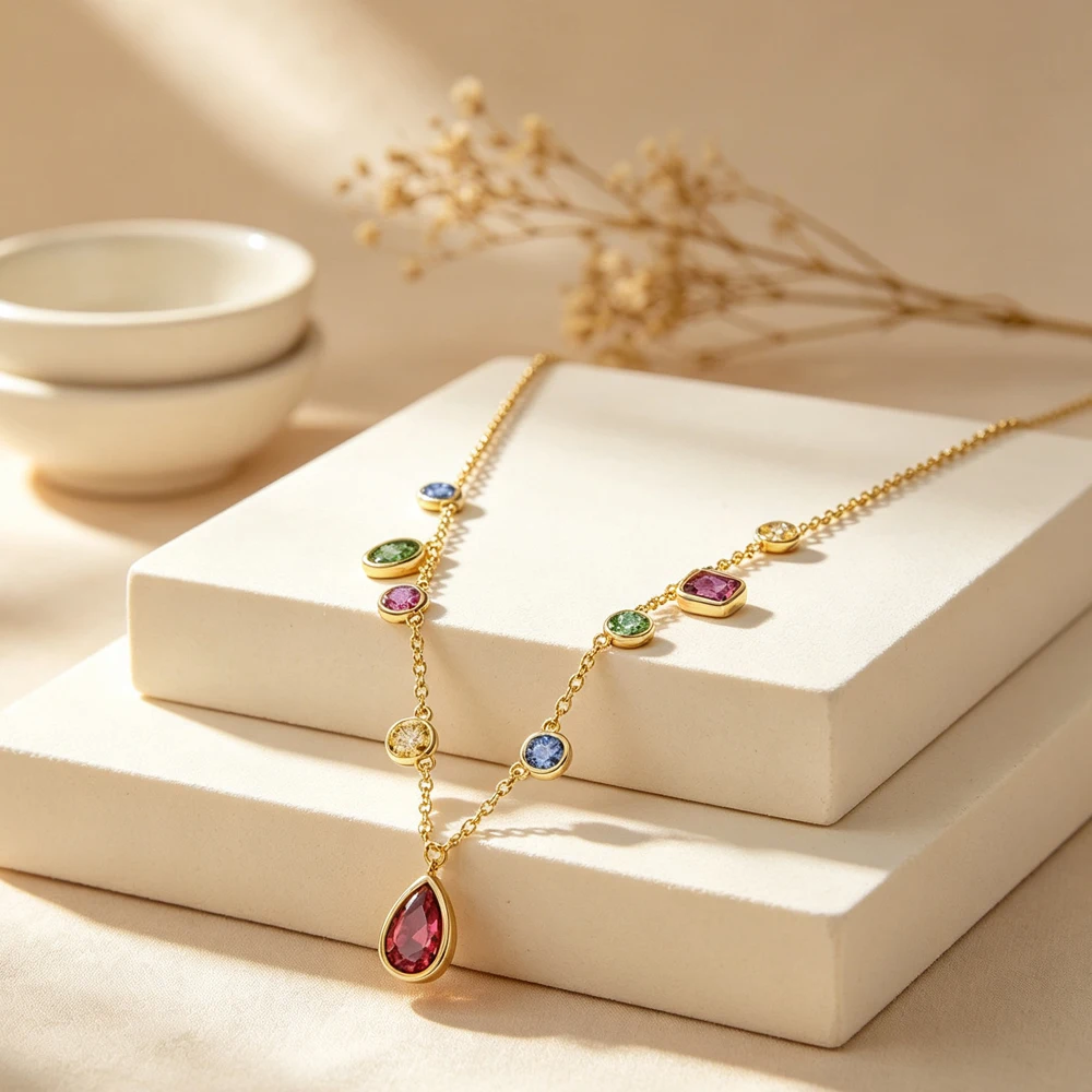 Colorful Treasure Flow Gold Asymmetric Long Chain Earrings Colorful Falling Shadow Multi Color Gemstone Bracelet