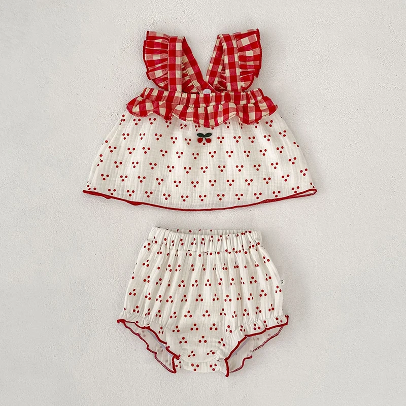 

Новый летний комплект одежды для девочек 0-3 лет: хлопковый жилет без рукавов с принтом + шорты-панталоны, костюм для малышей