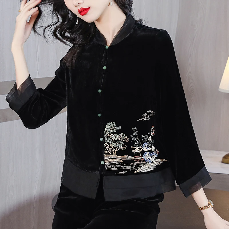 

Black Velvet Embroidery Print Top Coats for Women Autumn Chic Patchwork Silk Bluoses 2024 Korean Casual Jackets JJ218