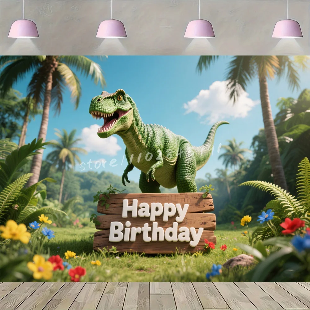 

Jurassic Birthday Background with Green T - Rex Palm Trees Happy Birthday Sign Vibrant Floral Jungle Setting Celebration Event