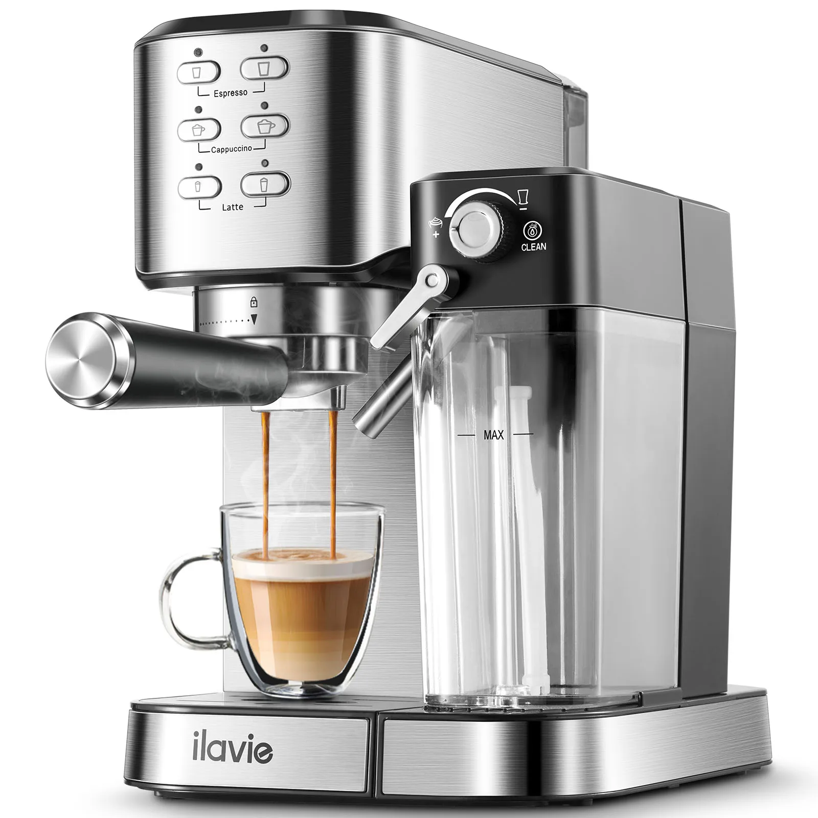 ilavie 3 in 1 Semi Automatic Espresso Cappuccino Latte Coffee Machine Automatic Milk Froth Ground Coffee Stainless Steels 20Bar