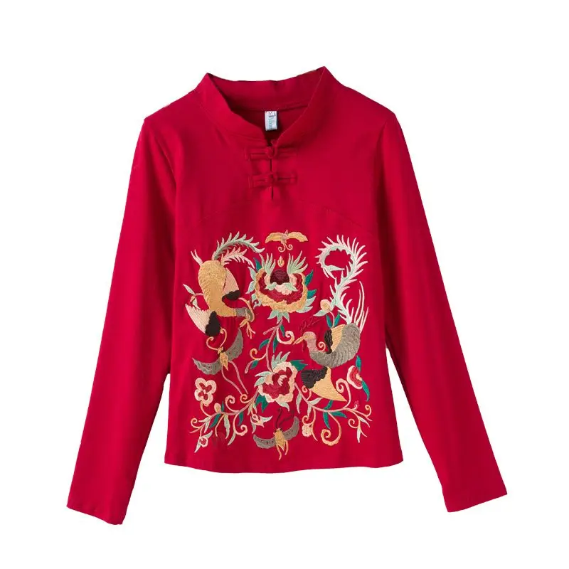 Chinese Style Long Sleeve Embroidered T-shirt 2026 New Woman Spring Autumn Elegant Shirt Blouse Tops Female Casual Base Shirt image 5