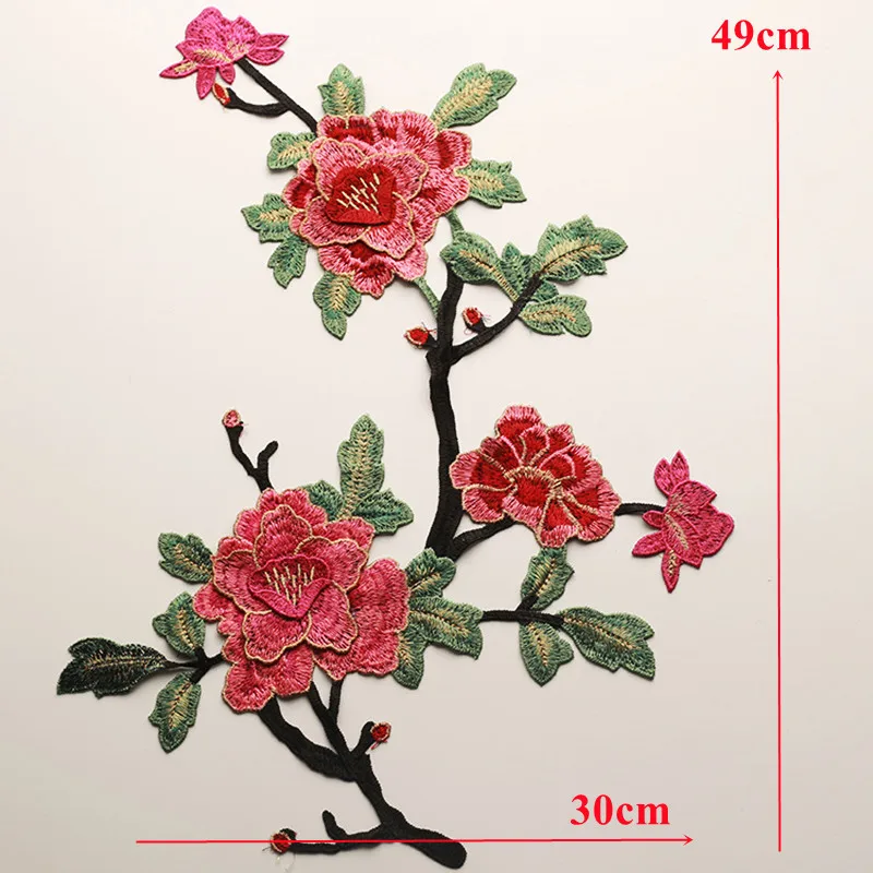 Embroidered 3D Peony Flowers Leaves Sew Patch Collar Trimmings Applique For Wedding Dress Clothes Decor DIY Crafts