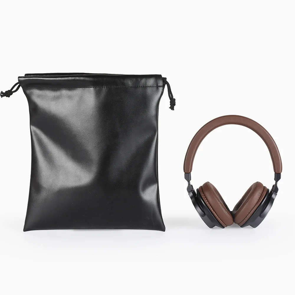 Black PU Leather Soft Headphone Drawstring Bags Fashion Earphone Data Cable Waterproof Solid Color Unisex Storage String Bag