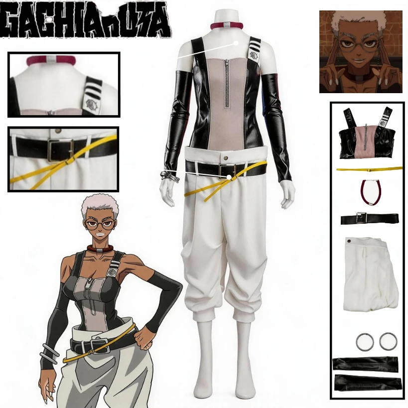 

GACHIAKUTA Semiu Grier Cosplay Costume Fitted Leather Black Jacket Pants Belt Full Set of Props Comic Con Outfit Battle Suit