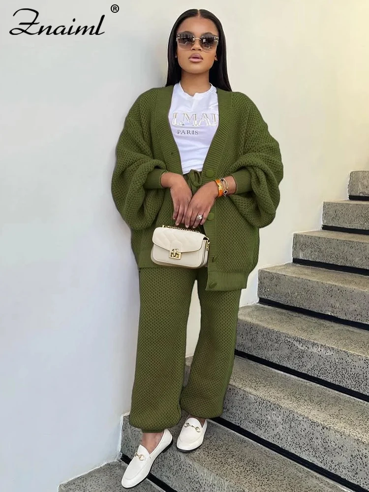 Znaiml レディース ルーズニット2点セット 長袖カーディガンセーターとワイドレッグパンツ カジュアル 秋冬ニットウェア