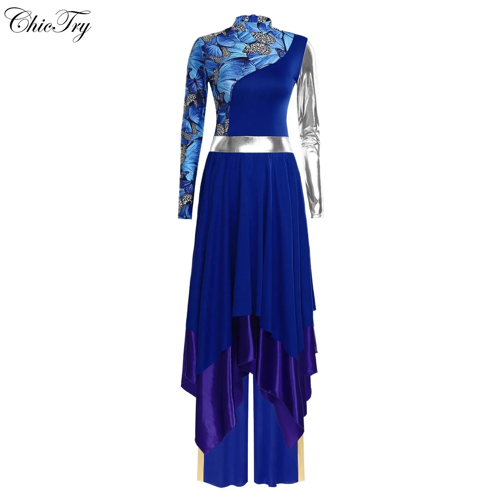 فستان رقص مدح الليتورجي للسيدات، فستان مطبوع بأكمام طويلة وحاشية غير منتظمة مع بنطال ذو قصة أرجل واسعة، ملابس رقص