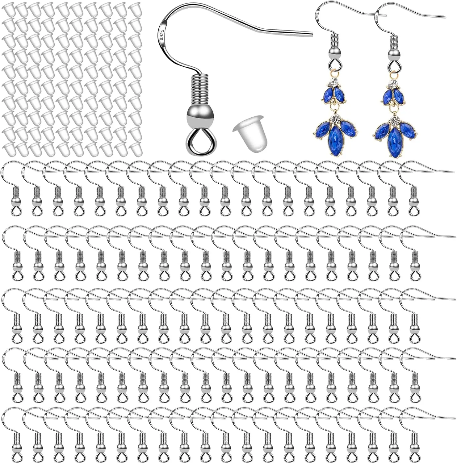 

50 Pairs 925 Sterling Silver Fish Hook Earring Wires with 100 Clear Rubber Safety Backs
